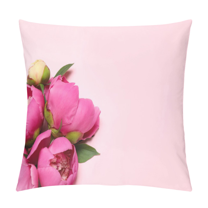 Personality  Beautiful Fresh Peonies On Pink Background, Flat Lay. Space For Text Pillow Covers