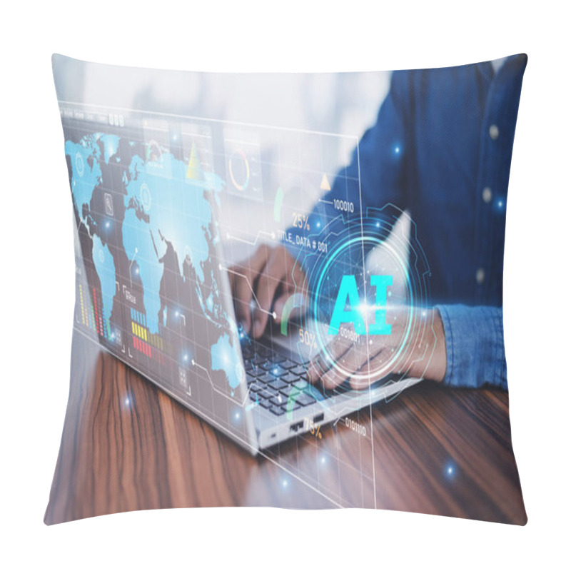 Personality  Closeup Hand Using Computer Laptop With Futuristic Digital Interface Displaying AI Technology, Symbolizing The Integration Of Artificial Intelligence In Modern Business Solutions. Pillow Covers