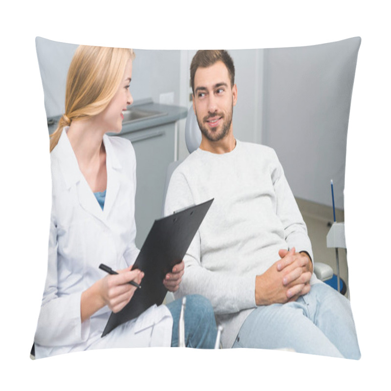 Personality  Female Dentist With Clipboard And Client Looking At Each Other In Dentist Office Pillow Covers