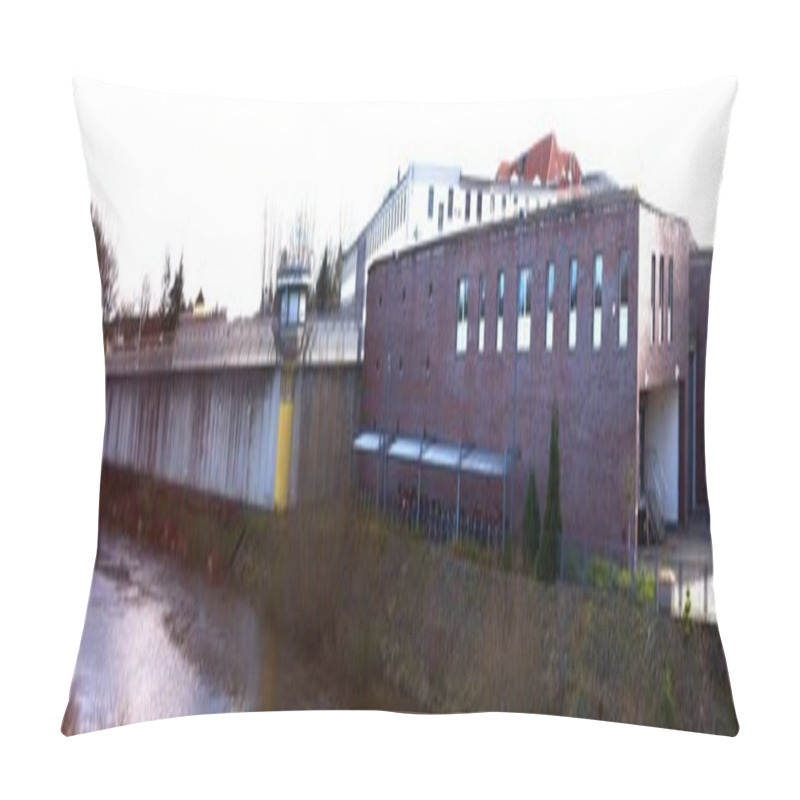 Personality  A Prison Building Near The River With A White Sky In The Background Pillow Covers