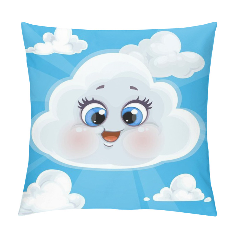 Personality  Cute Cartoon Cloud Surrounded By A Halo Of Glow On A Background Of Blue Sky And Clouds Pillow Covers