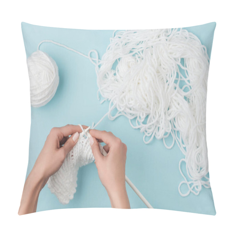 Personality  Partial View Of Woman With White Yarn And Knitting Needles Knitting On Blue Backdrop Pillow Covers