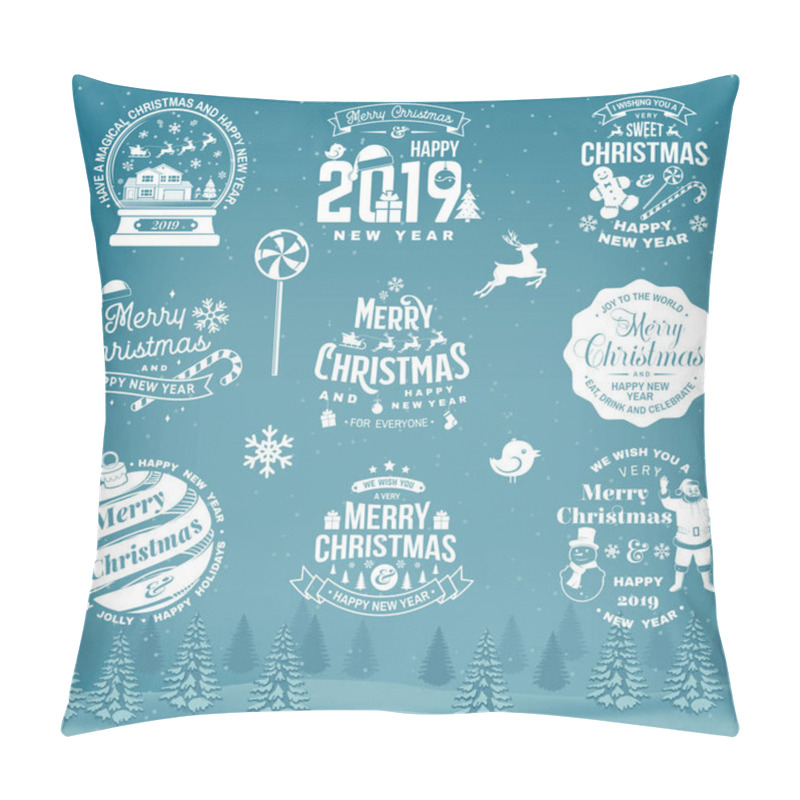 Personality  Set Of Merry Christmas And Happy New Year Stamp, Sticker Set With Snowflakes, Hanging Christmas Ball, Santa Hat, Candy. Pillow Covers