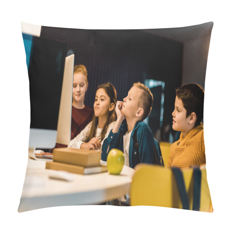 Personality  Adorable Schoolchildren Using Desktop Computer In Modern Library   Pillow Covers