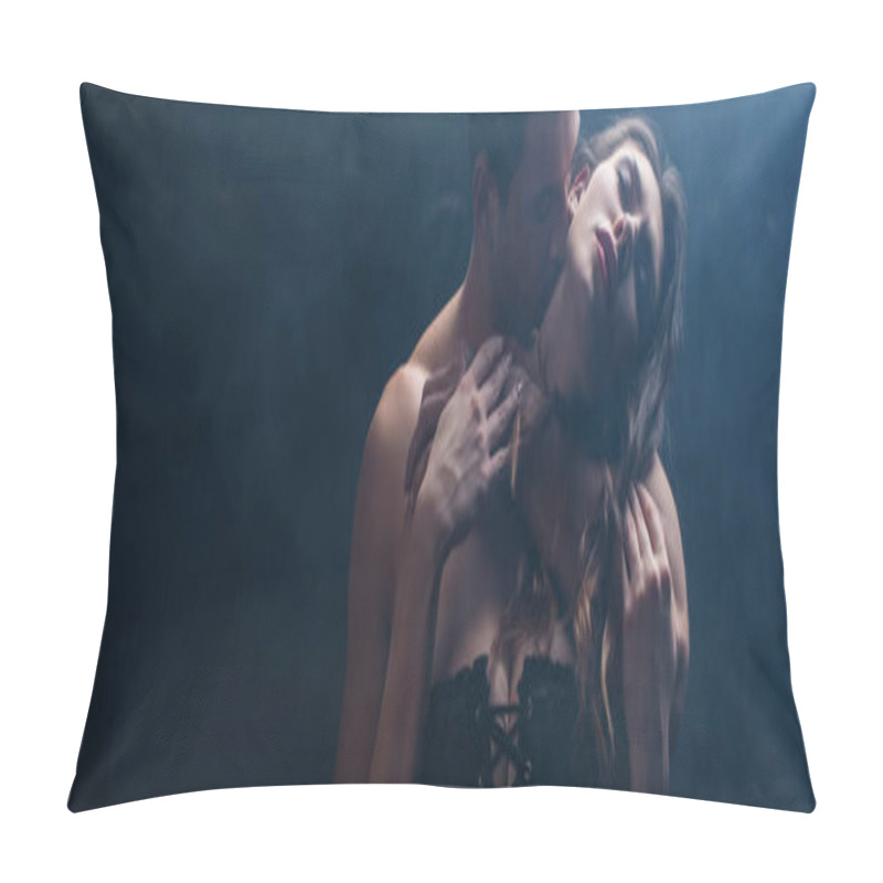 Personality  Panoramic Shot Of Shirtless Man Kissing And Hugging Sensual Girlfriend In Corset On Black Background With Smoke  Pillow Covers