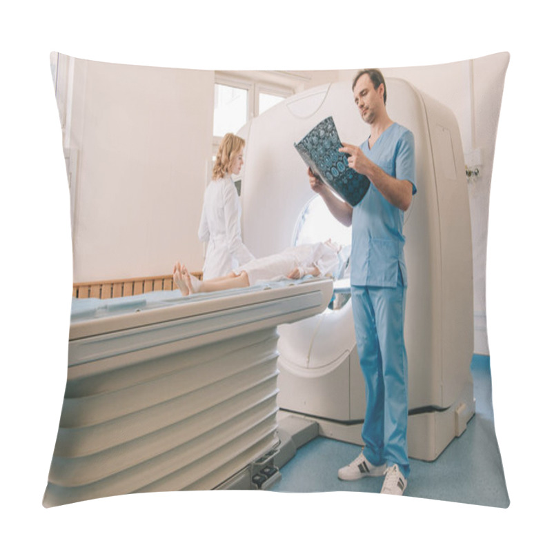 Personality  Attentive Doctor Looking At Tomography Diagnosis While Radiologist Operating Ct Scanner During Patients Diagnostics Pillow Covers