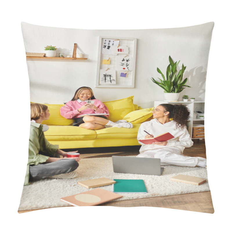 Personality  A Diverse Group Of Women Chatting And Studying On A Vibrant Yellow Couch In A Cozy Room. Pillow Covers