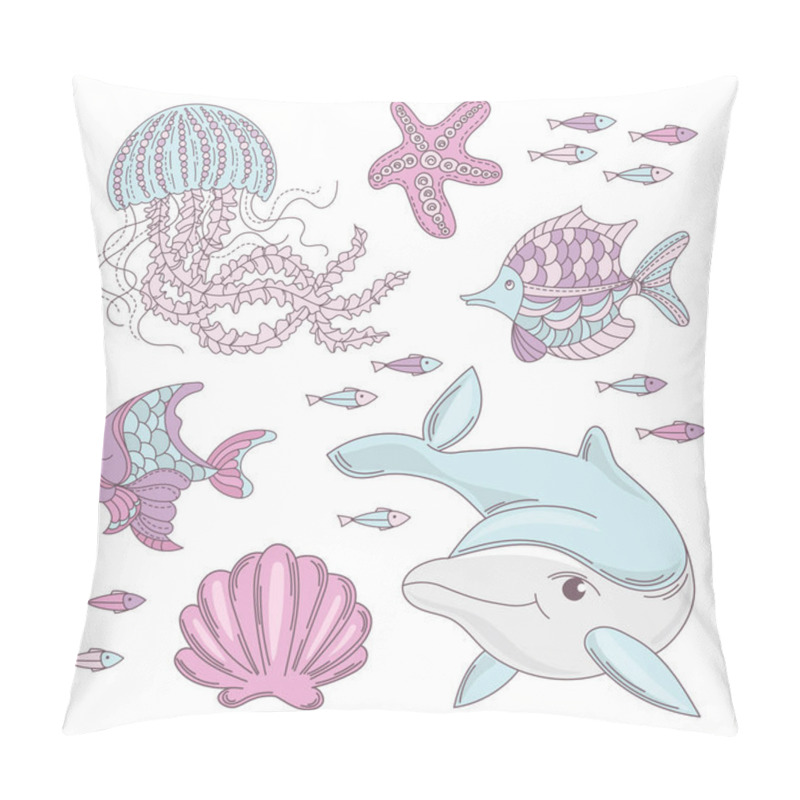 Personality  AQUA WORLD Underwater Sea Ocean Animal Cartoon Summer Tropical Cruise Vacation Vector Illustration Set For Print Fabric And Decoration Pillow Covers