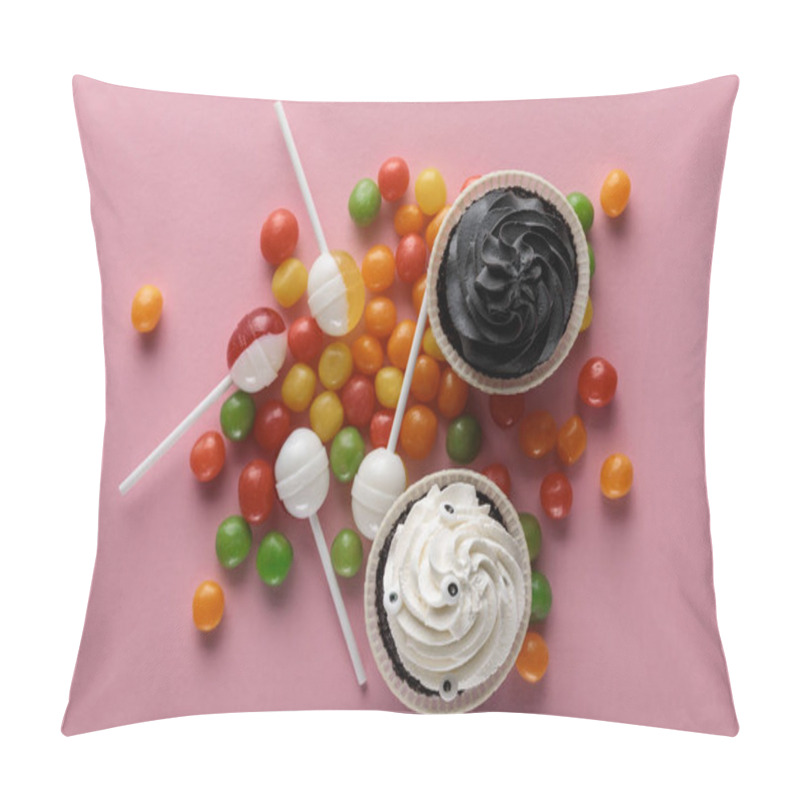 Personality  Top View Of Delicious Halloween Cupcakes, Lollipops And Bonbons On Pink Background Pillow Covers