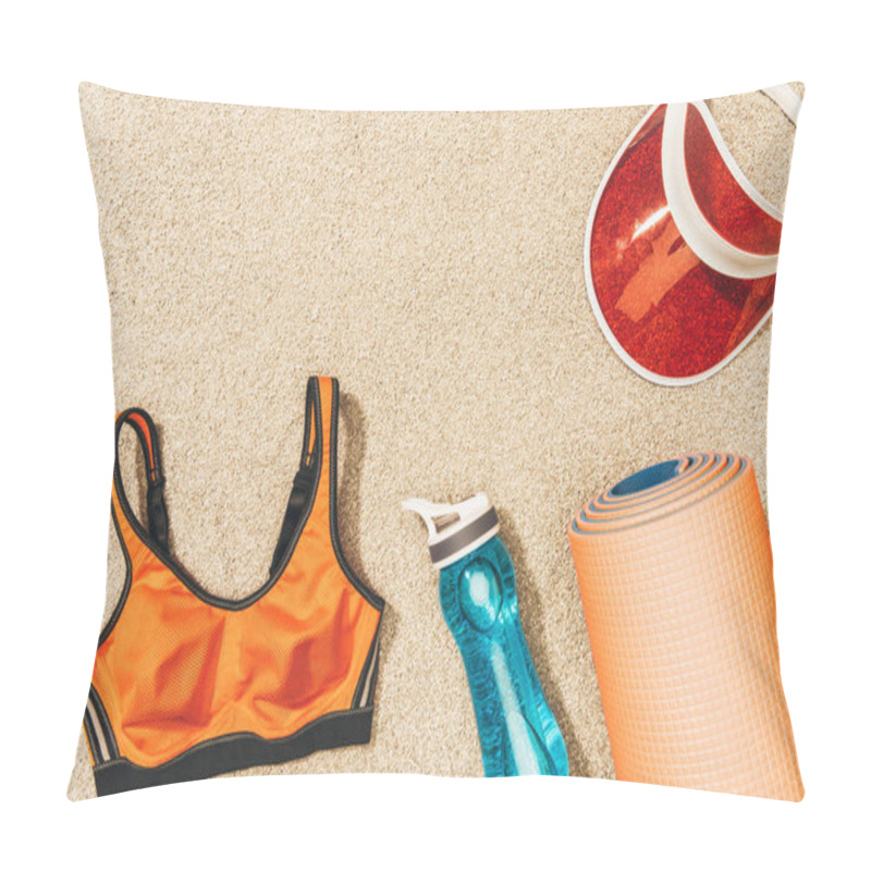 Personality  Flat Lay With Arrangement Of Cap, Female Sportswear, Mat And Water Bottle On Sand Pillow Covers