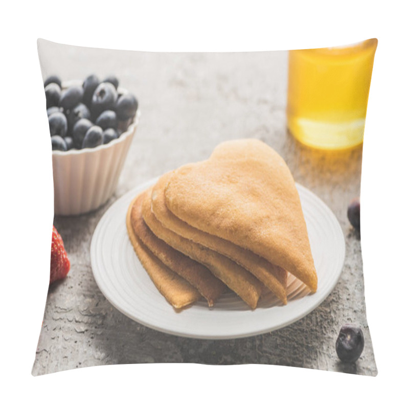 Personality  Delicious Heart Shaped Pancakes With Berries On Plate Near Honey On Grey Concrete Surface Pillow Covers