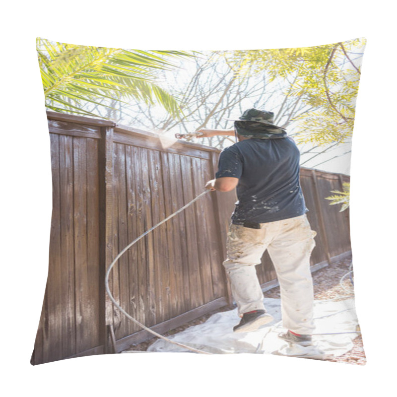 Personality  Professional Painter Spraying Yard Fence With Stain Pillow Covers