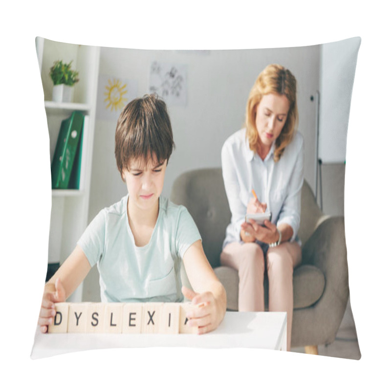 Personality  Selective Focus Of Kid With Dyslexia Holding Cubes With Lettering Dyslexia Pillow Covers