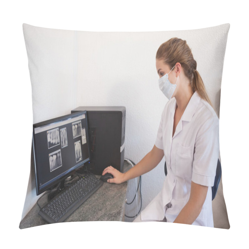 Personality  Dental Assistant Looking At X-rays On Computer Pillow Covers