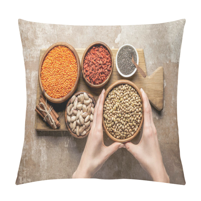 Personality  Cropped View Of Woman Holding Soybean With Goji Berries On Wooden Board With Rustic Background Pillow Covers