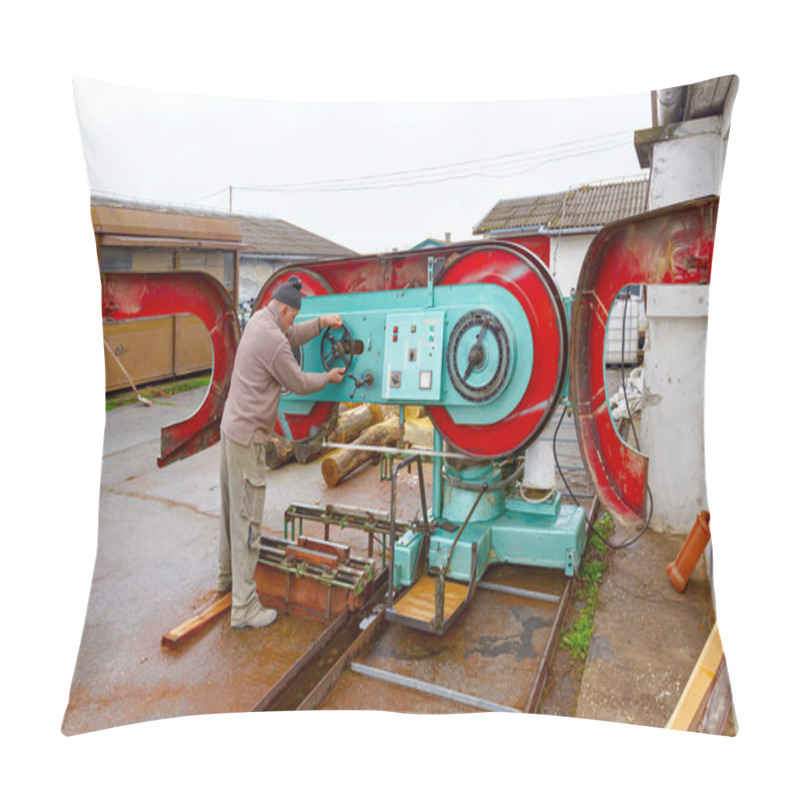 Personality  Worker At The Outdoor Carpentry Regulate Large Industrial Band Saw For Wood Processing. Pillow Covers