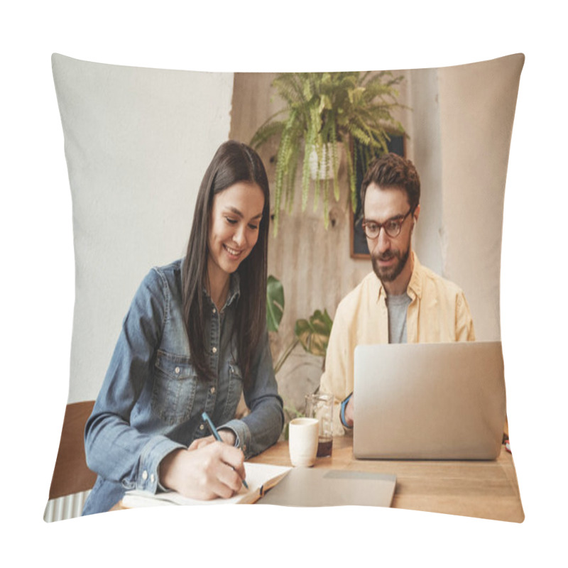 Personality  Freelancers Writing In Notebook And Using Laptop In Cafe Pillow Covers