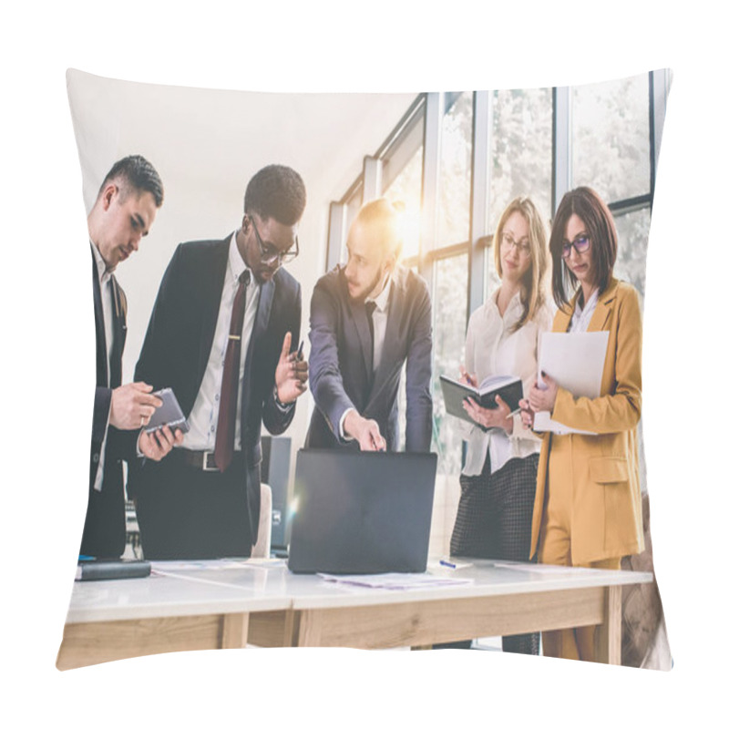 Personality  Multiethnic Startup Business Team On Meeting In Modern Light Office Interior Brainstorming, Working On Laptop And Tablet. Group Of Multiethnic Diverse Busy Business People Concept Pillow Covers