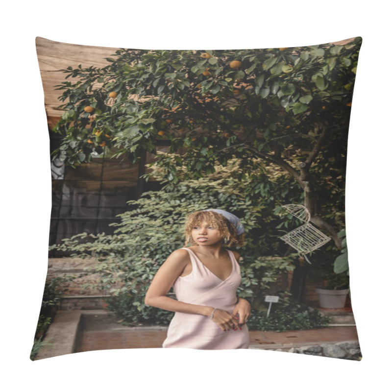 Personality  Confident African American Woman In Headscarf And Summer Dress Looking Away While Spending Time Near Lemon Tree And Plants In Orangery, Woman In Summer Outfit Posing Near Lush Tropical Plants Pillow Covers