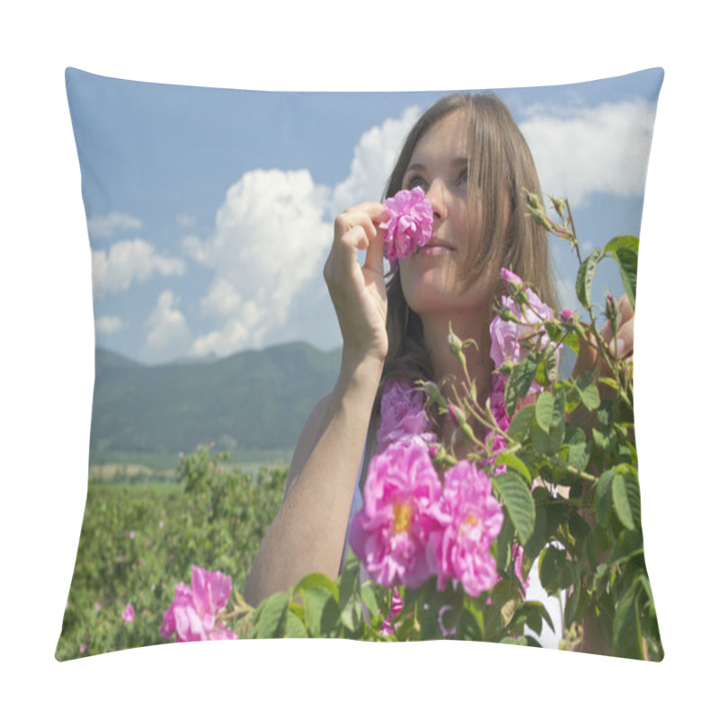 Personality  Beautiful Girl Smelling A Rose In A Rose Field Pillow Covers