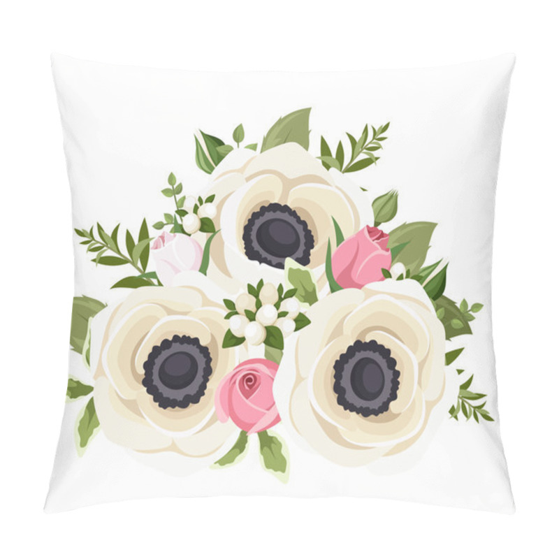 Personality  Bouquet Of White Anemone Flowers And Pink Rosebuds. Vector Illustration. Pillow Covers