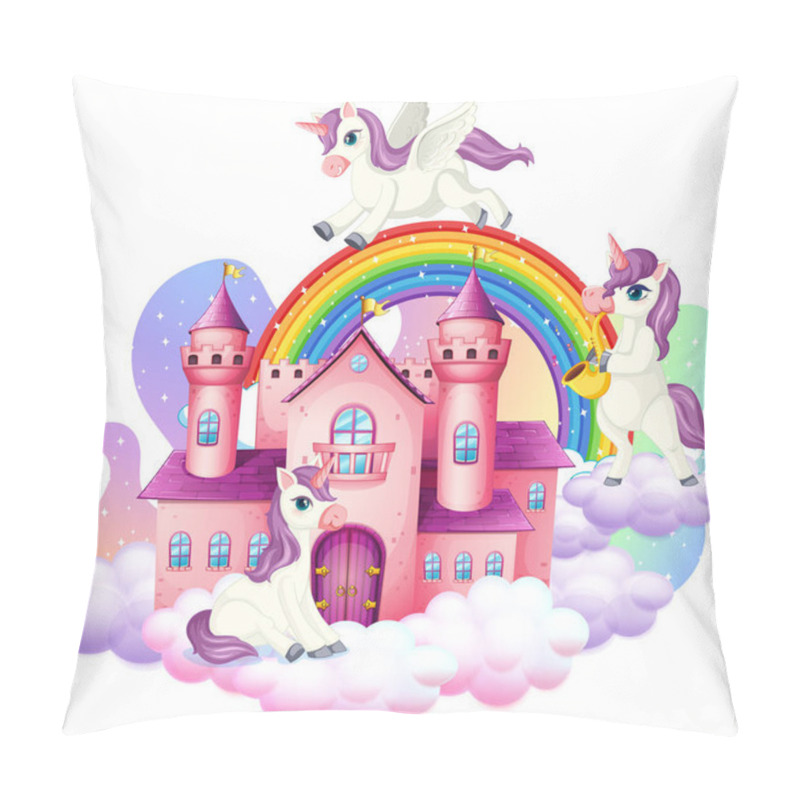 Personality  Many Cute Unicorns Cartoon Character With Castle On The Cloud Illustration Pillow Covers