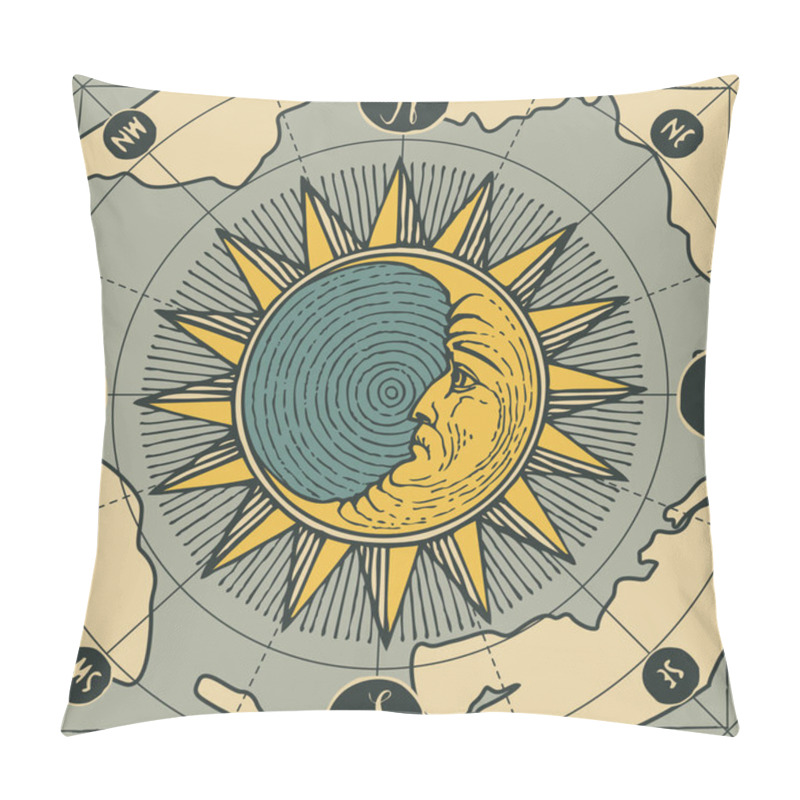 Personality  Vector Banner With Sign Of Moon, Sun And Old Map Pillow Covers