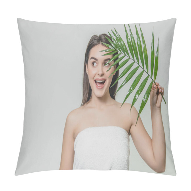 Personality  A Beautiful Young Girl In The Studio On A White Background With Wet Skin And Wet Hair Holds A Large Green Tropical Leaf In Hands And Covers A Part Of Her Face. Pillow Covers