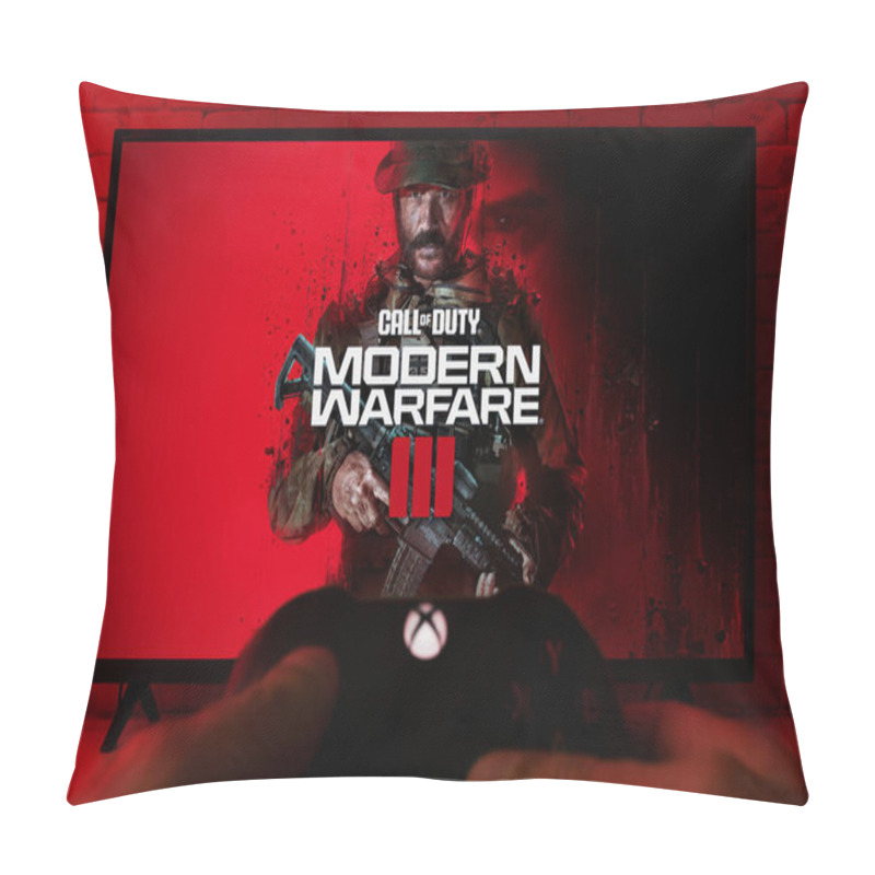 Personality  Playing Call Of Duty Modern Warfare 3 With Xbox Controller, 22 Nov, 2023, Sao Paulo, Brazil. Pillow Covers