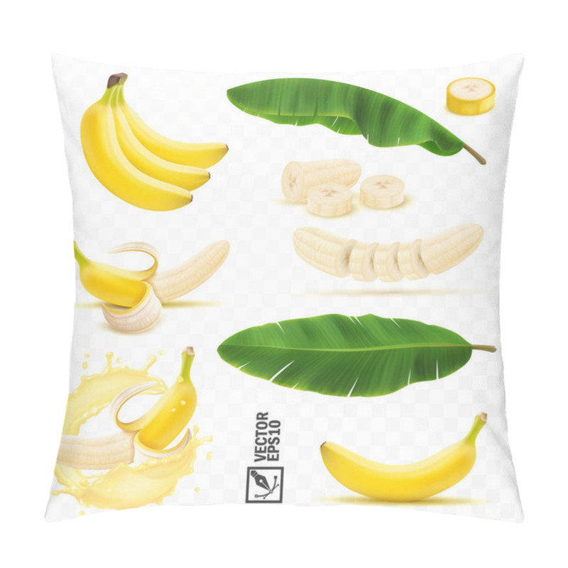 Personality  realistic vector set of banana fruits, bunch of bananas, peel, peeled banana, slices and halves, leaves from a banana palm, splash of banana in milk or juice pillow covers