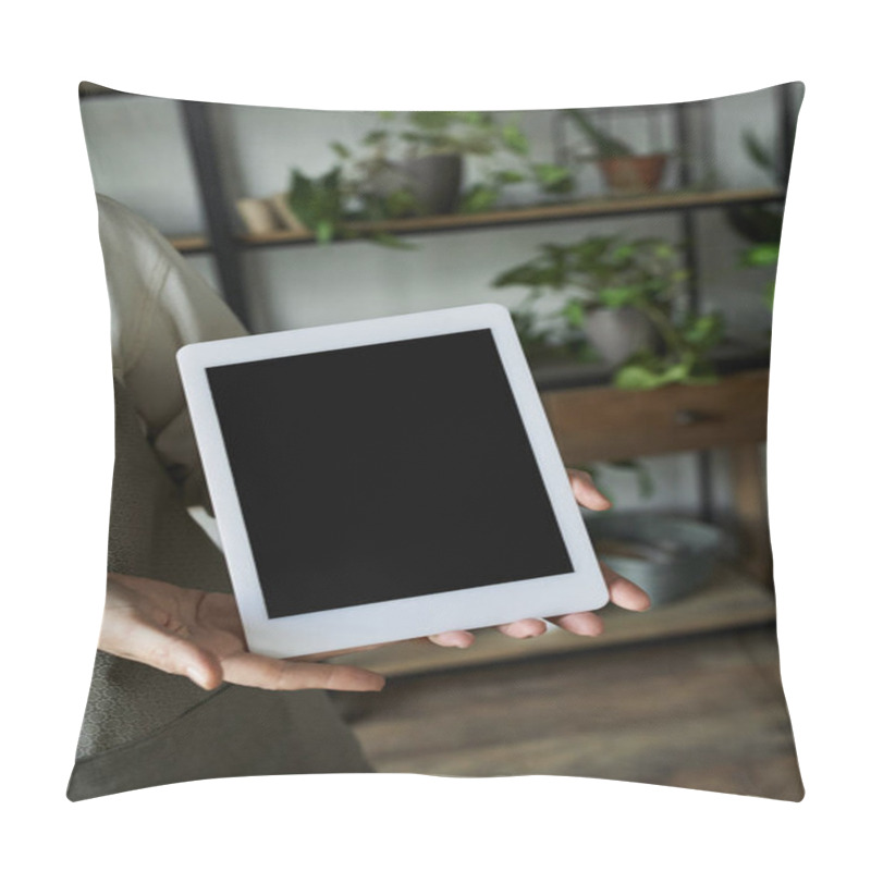 Personality  A Woman Tends To Her Plants While Engaging With A Tablet. Pillow Covers