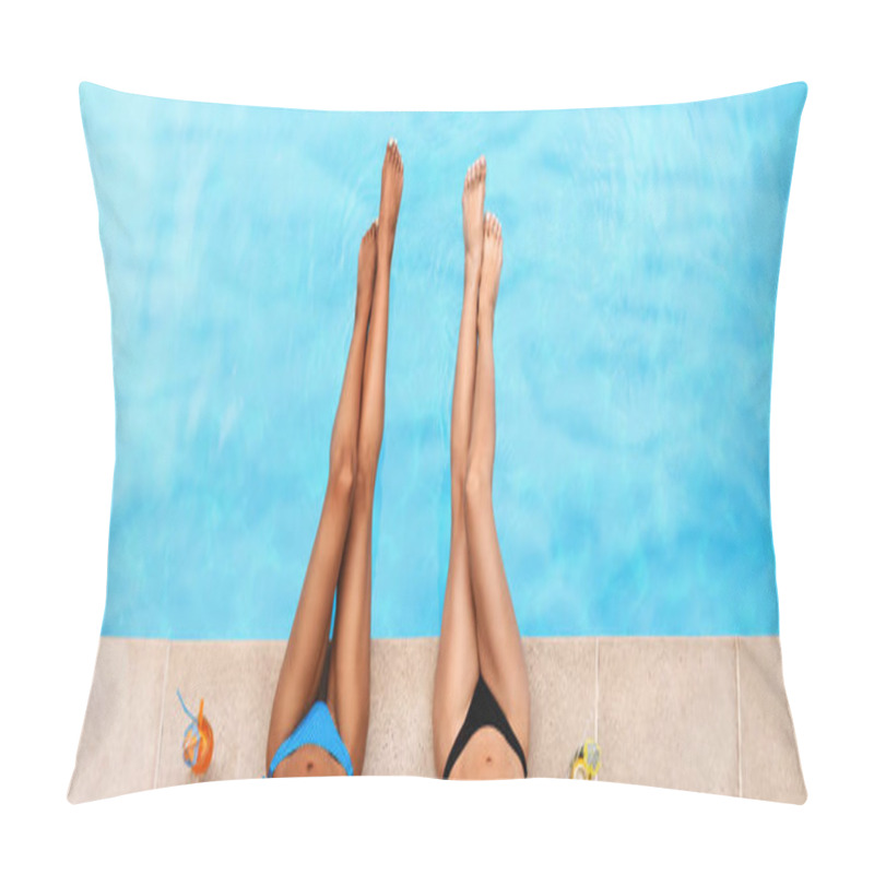 Personality  Top View Of Young Female Friends Sunbathing By Poolside With Fresh Cocktails, Closeup Of Legs. Copy Space Pillow Covers