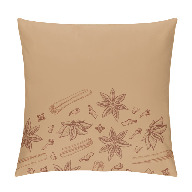 Personality  Cinnamon Sticks, Anise Star And Cloves. Seasonal Food Vector Illustration  On Brown Background. Hand Drawn Sketch Of Spice And Flavor. Cooking And Mulled Wine Ingredient. Pillow Covers