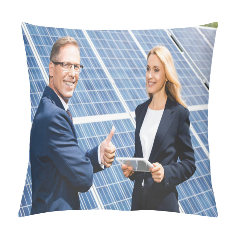 Personality  Handsome Businessman Showing Thumb Up And Businesswoman Holding Digital Tablet  Pillow Covers