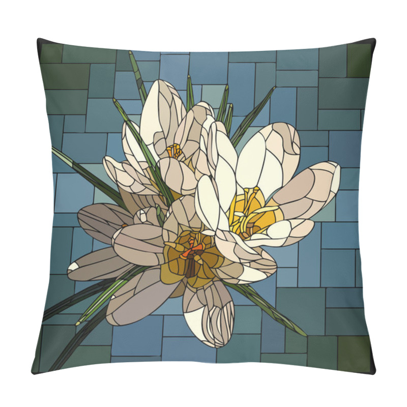 Personality  Vector Square Mosaic With Blooming White Crocuses Flower In Stained Glass Window. Pillow Covers