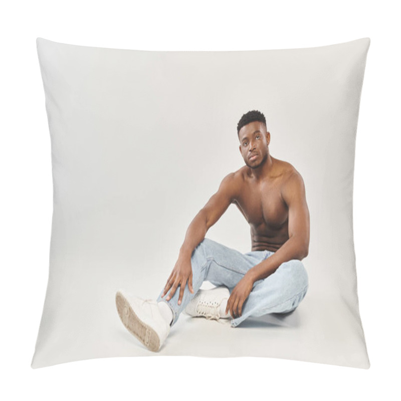 Personality  Young Shirtless African American Man Sitting On The Ground In A Studio With A Grey Background. Pillow Covers