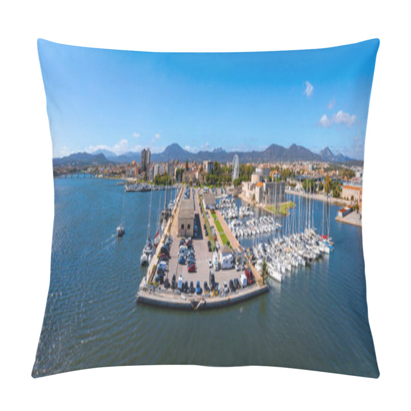 Personality  The Image Captures An Aerial View Of Olbias Marina In Sardinia, Featuring Numerous Yachts, A Ferris Wheel, And The Towns Mix Of Modern And Traditional Architecture. Pillow Covers