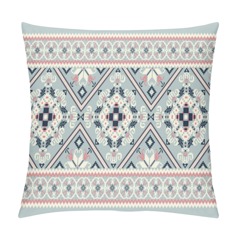 Personality  Floral Cross Stitch Pattern On Blue Background Vector Illustration.geometric Ethnic Oriental Embroidery Traditional.Aztec Style,abstract Background.design For Texture,fabric,clothing,print,carpet. Pillow Covers