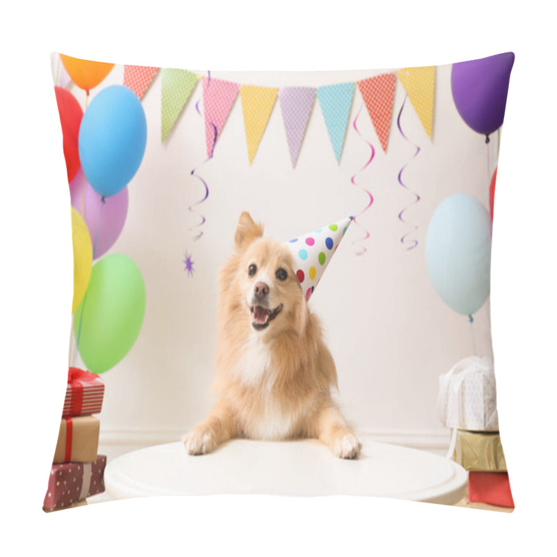 Personality  Cute Dog Wearing Party Hat At Table In Room Decorated For Birthday Celebration Pillow Covers