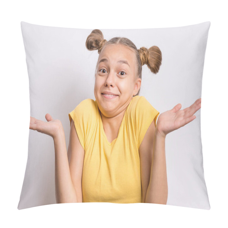 Personality  Teen Girl Showing Helpless Gesture With Hands - I Do Not Know. Cute Young Teenager In Yellow T-shirt, On Grey Background. Shrugging, Confused Child Making Helpless Sign And Looking At Camera. Pillow Covers