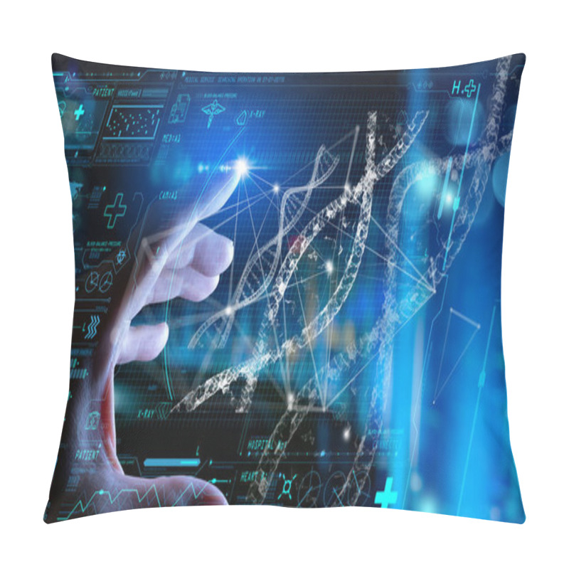 Personality  Close Up Of  Doctor Hand Touching Digital Medical Record Tablet With DNA. AR Of Healthcare And Network Connection On Hologram Modern Ui For Medical Technology And Network Concept. Pillow Covers