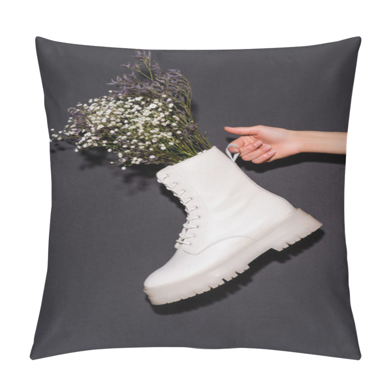 Personality  Cropped View Of Woman Holding White Boot With Wildflowers On Black Background Pillow Covers