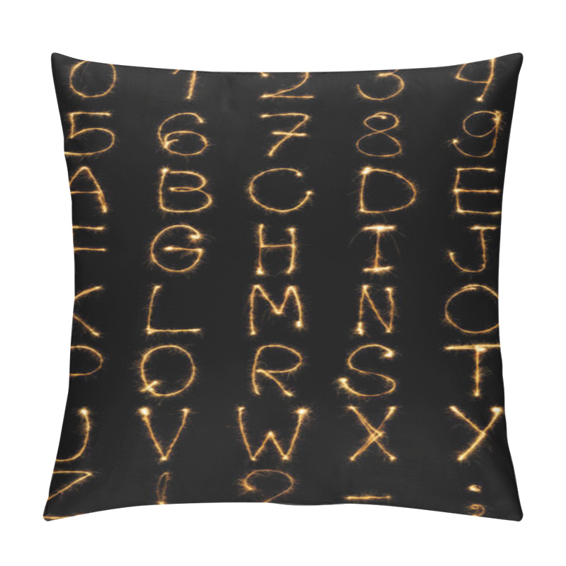 Personality  Close Up View Of Light English Alphabet And Numbers On Black Background Pillow Covers