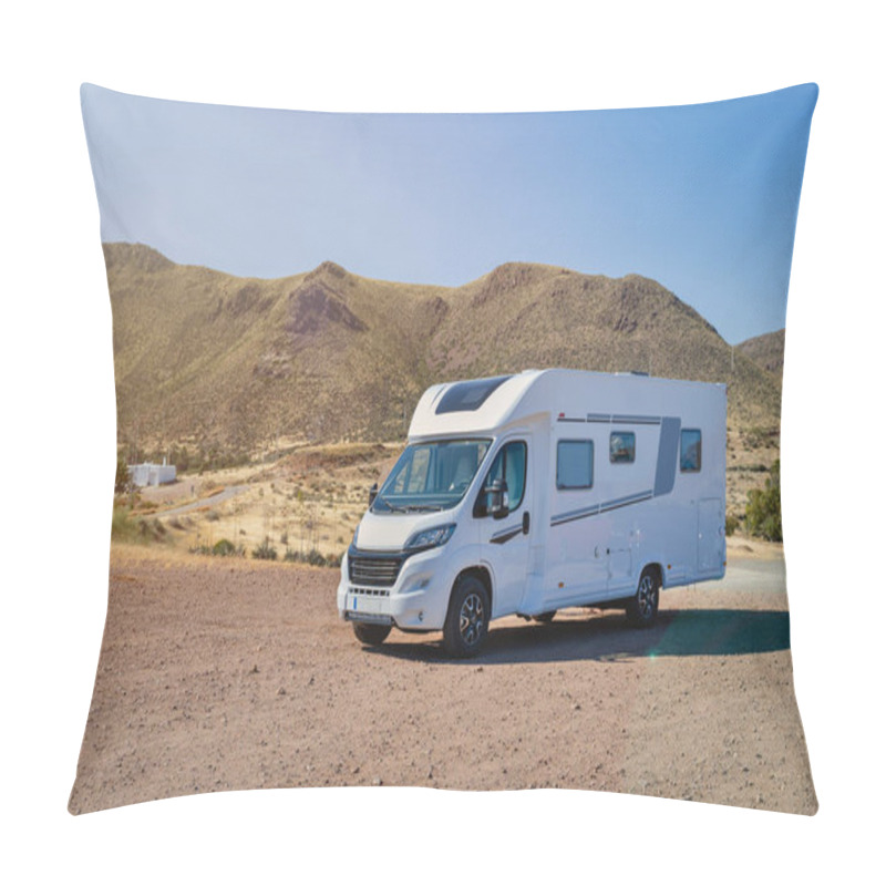 Personality  Caravan Motor Home Parked On Desertic Nature Landscape On A Sunny Day Pillow Covers