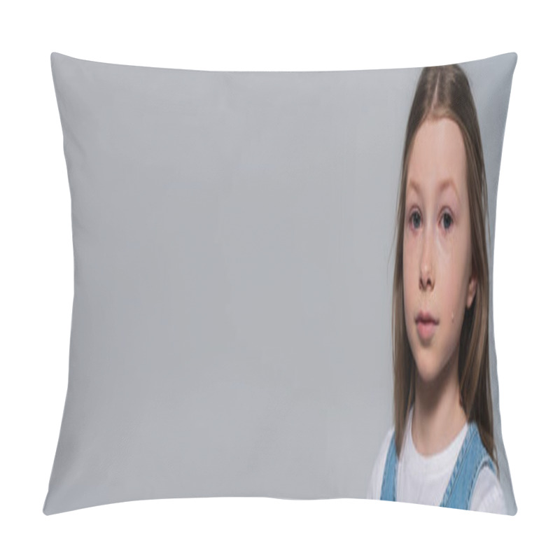 Personality  Patriotic Girl Looking At Camera And Crying During Memorial Day Isolated On Grey, Banner  Pillow Covers