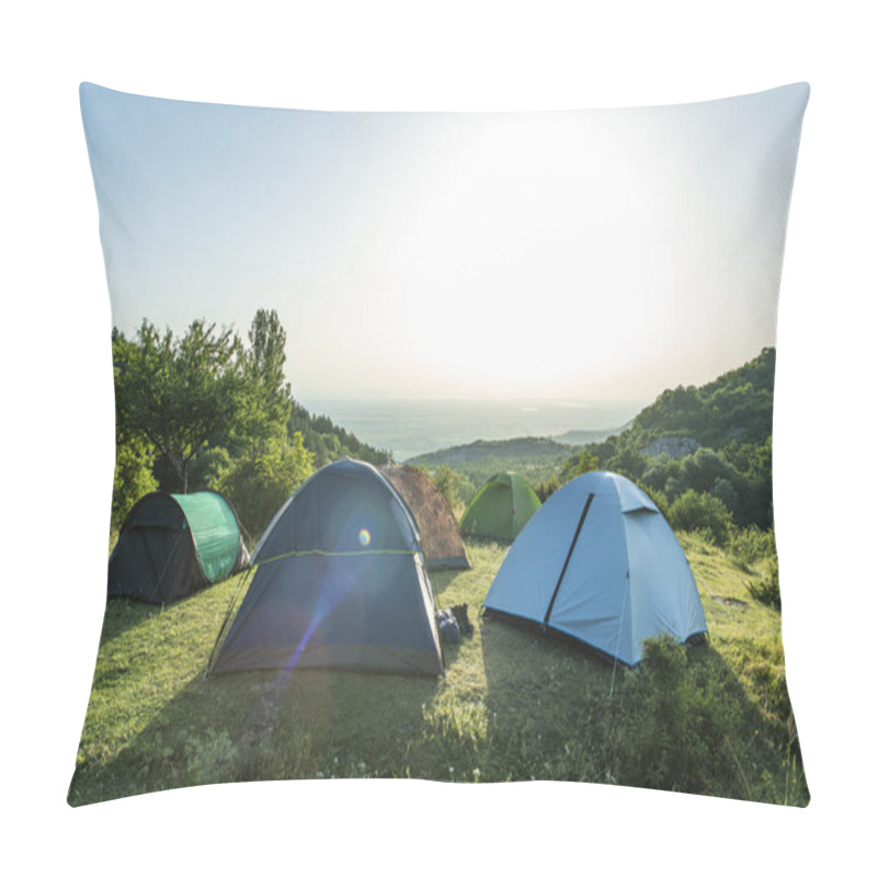 Personality  Many Tents In The Mountain. Sunshine Morning In The Forest. Pillow Covers