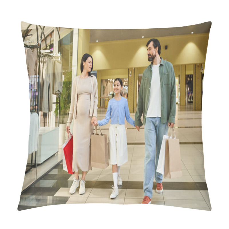 Personality  A Happy Family Enjoying A Shopping Weekend, Walking Through A Busy Mall Carrying Various Shopping Bags. Pillow Covers