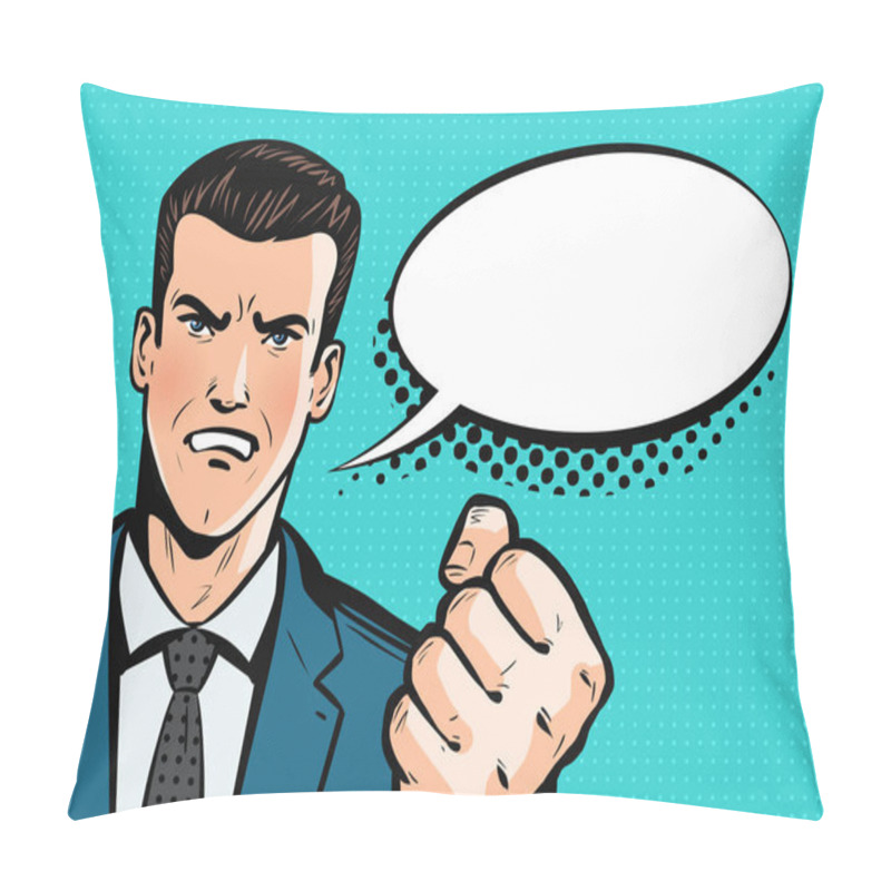 Personality  Aggressive Businessman Or Man In Business Suit Threatens With Fist. Pop Art Retro Comic Style. Cartoon Vector Illustration Pillow Covers