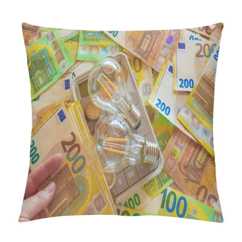 Personality  Electricity Cost.light Bulb On Euro Bills Background. Rising Electricity Prices.Paying Electricity Bills. Payment For Utility Services.Energy Production Crisis In European Countries. Pillow Covers