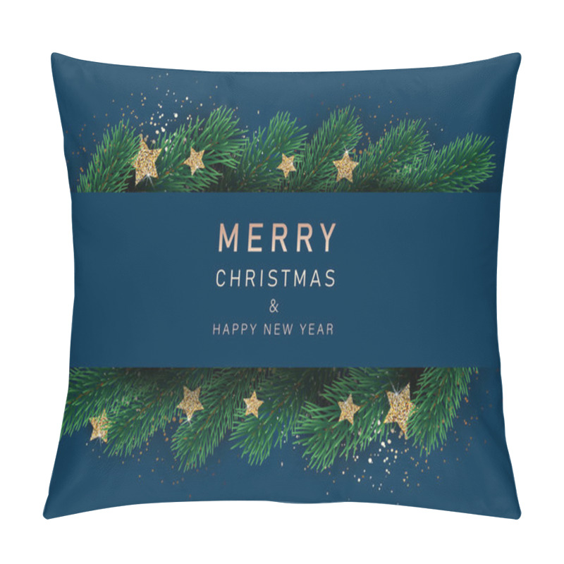 Personality  Merry Christmas With Fir Branches. Holidays Background With Border Of Realistic Looking Christmas Tree Branches Decorated With Stars Pillow Covers